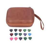DENGPAO Guitar Pick Bag Set, Celluloid Guitar Picks Storage Pouch with Hand Strap, PU Leather Case for Guitar Accessories, Compact Pick Holder for Musicians On the Go (Brown)