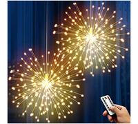 DenicMic Firework Lights LED Copper Wire Starburst Lights 8 Mode Battery Operated Fairy Star with Remote, Warm White Hanging Ceiling Decor Christmas Decorations Outdoor Indoor 2 Pack