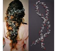 Deniferymakeup Bridal Extra Long Pearl and Crystal Beads Bridal Hair Vine Wedding Head Piece Bridal Hair Accessories Wedding Hair Jewelry Hair Accessories (Red)