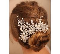 Deniferymakeup Bridal Pearl Headband Leaf Hair Piece Crystal Hair Vine Wedding Hair Accessory for Women and Girls (Silver)