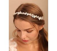 Deniferymakeup Bride Wedding Hair Vine Rhinestone Headband Silver Pearl Bridal Headpiece Leaf Hair Accessories for Women and Girls (Style 3)