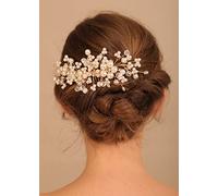 Deniferymakeup Pearl Bride Wedding Hair Comb Crystal Gold Bridal Hair Piece Rhinestone Wedding Hair Accessories for Women and Girls