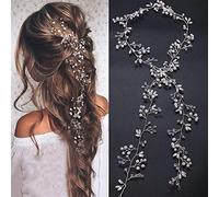 Deniferymakeup Rose Gold and Silver Extra Long Pearl and Crystal Bridal Hair Vine Wedding Head Piece Accessories Headband Jewelry (Silver)