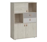 Denim 3 Door 2 Drawer Cabinet in Light Walnut, Grey Fabric Effect and Cashmere