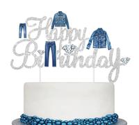 Denim and Diamonds Happy Birthday Cake Topper Silver Glitter Denim and Diamond Birthday Party Decorations for Bachelorette Bridal Shower Birthday Wedding Party Supplies