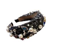 Denim Beaded Rhinestone Knotted Headband Niche Design Hair Accessory(Black)