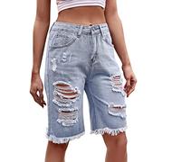 Denim Bermuda Shorts for Women High Waisted Straight Leg Distressed Ripped Knee Length Jean Pants Vintage Long Jeans Shorts Y2k Streetwear Summer Jorts with Pockets,Blue,L