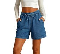 Denim Bermuda Shorts for Women Womens Denim Jean Shorts Casual Frayed Raw Hem Drawstring Elasticated Waist Short Jeans Summer Lightweight Baggy Loose Pull On Stretch Hot Pants