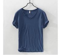 (denim blue, EU XL 77-85kg) New Slim Fit Slub Cotton Pure Color V Collar Short Sleeved Tops Tees Men T-Shirt Multi-color Man T-Shirts Fitness