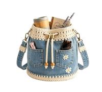 Denim Bucket Bag Drawstring with Adjustable Shoulder Strap | Casual vintage tote bag for women wife on the go when travelling at school in the office when dating