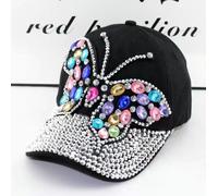 Denim Cap with Large Crystal Butterfly Accent PEACH ACCESSORIES Black One Size