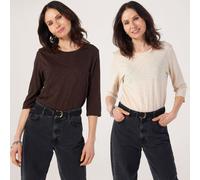 Denim & Co 2 Pack Linen Blend Round Neck Top DARK CHOCOLATE,TAPIOCA 2XL