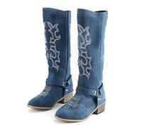 Denim Cowboy Boots for Women Uk Western Boots for Women Vintage Casual Breathable Denim Round Toe Chunky Low Heels Western Cowgirls Boot Women's Knee High Length Tall Riding Boot