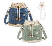 Denim Crochet Bucket Bag, Boho Denim Crossbody Bag, Daisies & Crochet Trim