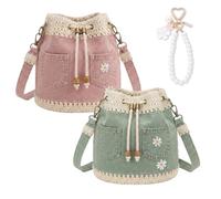 Denim Crochet Bucket Bag, Boho Denim Crossbody Bag, Daisies & Crochet Trim
