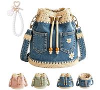 Denim Crochet Bucket Bag, Boho Denim Crossbody Bag, Daisies & Crochet Trim