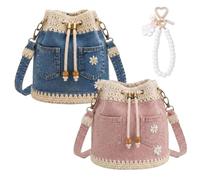 Denim Crochet Bucket Bag, Boho Denim Crossbody Bag, Daisies & Crochet Trim