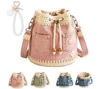Denim Crochet Bucket Bag, Boho Denim Crossbody Bag, Daisies & Crochet Trim