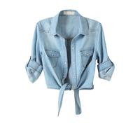 Denim Crop Tops for Women Button Down Blouse Roll Up 3/4 Sleeve Tie Front Knot Shirts Fashion Y2k Going Out Tops/UK Size/Ladies