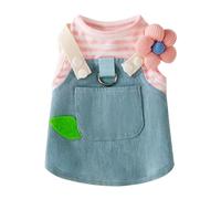 Denim Dog Dress with Pink Striped Print, Floral Shoulder, and Leaf Pocket Accent Pet Clothes, Small Dog Outfit for Chihuahua, Yorkie, Puppy Dress for Birthday, Party, and Everyday Wear(Pink,XS)