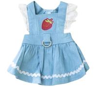 Denim Dog Dresses with Leash Ring Strawberry Princess Summer Dog Skirt with Ruffles for Small Medium Dogs