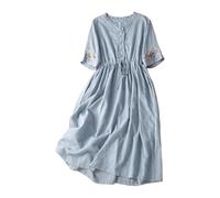 Denim Dresses for Women Summer Dresses Women's Cotton Linen Garment Summer Embroidered Sleeve A Line Comfy Cotton Maxi Dress Trendy Vacation Clothes Fashionable and Atmospheric Version Blue