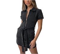 Denim Dresses Women UK Clearance Summer Casual V Neck Midi Dress Zip Up Y2k Streewear Short Sleeve A-Line Mini Dress Beach Sundress Sexy Dresses Ladies Trendy Tunic Dresses with Pocket Belted