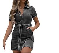 Denim Dresses Women UK Clearance Summer Casual V Neck Midi Dress Zip Up Y2k Streewear Short Sleeve A-Line Mini Dress Beach Sundress Sexy Dresses Ladies Trendy Tunic Dresses with Pocket Belted
