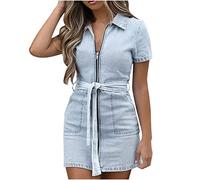 Denim Dresses Women UK Sale Clearance Summer Casual V Neck Midi Dress Zip Up Y2k Streewear Short Sleeve A-Line Mini Dress Beach Sundress Sexy Dresses Ladies Trendy Tunic Dresses with Pocket Belted