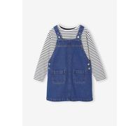 Denim Dungaree Dress & Striped T-Shirt Set for Girls medium blue