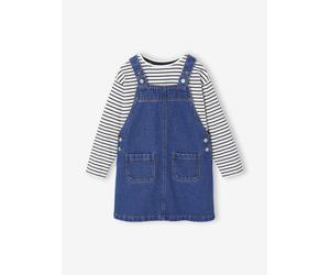 Denim Dungaree Dress & Striped T-Shirt Set for Girls medium blue