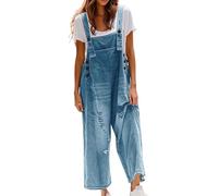 Denim Dungarees for Women UK Casual Adjustable Straps Denim Jumpsuit with Pockets Classic Sleeveless Wide Leg Jeans Overalls Washed Distressed Loose Fit Playsuits Overalls for Holiday Work Daily