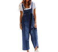 Denim Dungarees for Women UK Casual Adjustable Straps Denim Jumpsuit with Pockets Classic Sleeveless Wide Leg Jeans Overalls Washed Distressed Loose Fit Playsuits Overalls for Holiday Work Daily