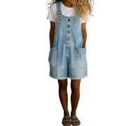 Denim Dungarees for Women UK Loose Fit Sleeveless Casual Short Overalls Button Down Adjustable Straps Bib Shortalls Cotton Washed Distressed Vintage Playsuits with Front Pockets Maternity Jumpsuit