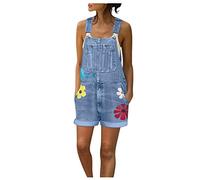 Denim Dungarees Women's Short Oversize Dungarees Jeans Loose 90s Jeans Summer Short Denim Dungarees Flower Jumpsuit Vintage Loose Fit Trouser Suit Bib Trousers Summer Shorts Denim Overalls, blue, S