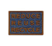 Denim ECO Patch Reduce Reuse Recycle - Made from Recycled Jeans, Brown - Heat-Activated Adhesive/Iron-on Backing - Embroidered Badge/Patch