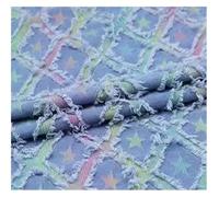 Denim Fabric Diamond Checker Washed Denim Fabrics Star Pattern Worn Out Jeans Fabric DIY Clothes Bags Handcrafts Sewing Fabric(Light Blue)