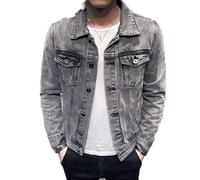 Denim Jacket Men Hole Retro Motorcycle Basic Coat Streetwear Hip Hop Bomber Jacket Cowboy Men's Jean Jacket (grey,Large)