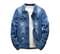 Denim Jacket Mens Classic Trucker Denim Jackets Winter Coat Button Down Shirts Ripped Jean Jacket Casual Solid Color Vintage Cowboy Outerwear Loose Fit Lapel Collar Coat with Pockets M-5XL