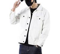 Denim Jacket Mens, Men’S Distressed Frayed Denim Shirt Jacket Regular Fit Button Shirt Vintage Washed Jean Trucker Jacket Retro Quilted Pockets Cargo Jeansjacke Outwear S-3Xl,White,L
