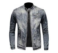 Denim Jacket Mens with Zip Pockets Smart Casual Biker Jacket Long Sleeve Zipper Motorcycle Jackets Vintage Washed Slim Fit Jean Coat Fashion Men Outwear Y2K Streetwear 10~20