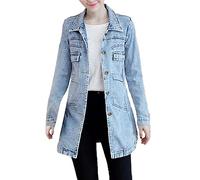 Denim Jacket Women Long Lightweight Button Down Jean Jackets Classic Long Sleeve Cardigans Coat With Pockets Solid Color Open Front Jeans Jacket Ladies Lapel Neck Outwear Plus Size S-5XL