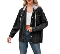 Denim Jacket Women's Oversize Stretch Long Jeans Jacket with Pocket Women's Jacket Hiking Jacket with Hood Autumn Spring Thin College Jacket Girls Aviator Jacket Women's Jacket, black, M