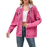 Denim Jacket Women's Oversize Stretch Long Jeans Jacket with Pocket Women's Jacket Hiking Jacket with Hood Autumn Spring Thin College Jacket Girls Aviator Jacket Women's Jacket, lightpink, L