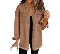 denim jacket Women's Oversized Denim Jackets Button Down Long Sleeve Frayed Hem Shacket Coats Casual Loose Boyfriend Jean Jacket Ladies Trendy Washed Shirts (1-Brown, XXL