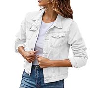 Denim Jackets for Women UK Casual Slim-Fit Long Sleeve Lapel Collared Jacket with Pockets Classic Button Down Jean Cropped Shirts Shacket Outerwear Warehouse White
