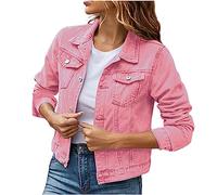 Denim Jackets for Women UK Casual Slim-Fit Long Sleeve Lapel Collared Jacket with Pockets Classic Button Down Jean Cropped Shirts Shacket Outerwear Warehouse Pink