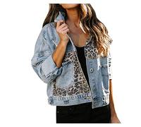 Denim Jackets For Women Uk Ladies Jackets Size 20-22 Lapel Neck Jean Jacket Women Pockets Winter Jackets For Women Uk Button Coats For Women Uk Leopard Print Womens Denim Shirt Womens Summer Jackets