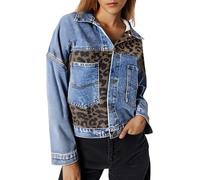Denim Jackets Women Fashion Forward Leopard Print Panel Long Sleeve Denim Jacket Stylish Contrast Design Casual Outerwear Coat