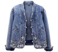Denim Jackets Women, Ladies Casual Summer Long Sleeve Cropped Jean Jacket Stand Collar Outwear With Pockets, Butterfly Print, for Outdoor Office WorkWear Blue M